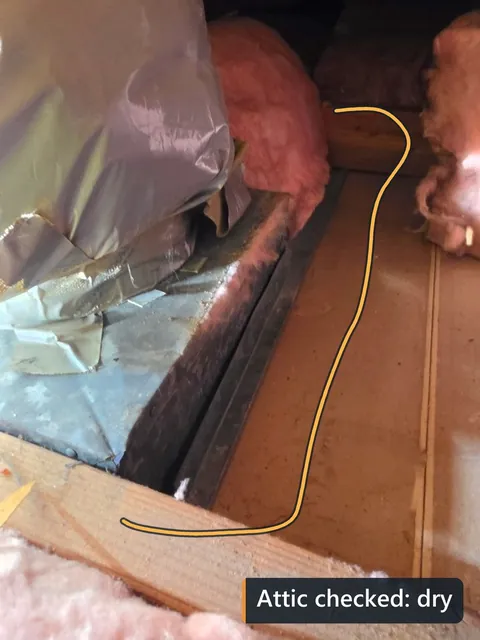 Attic framing and ductwork, labeled attic checked: dry